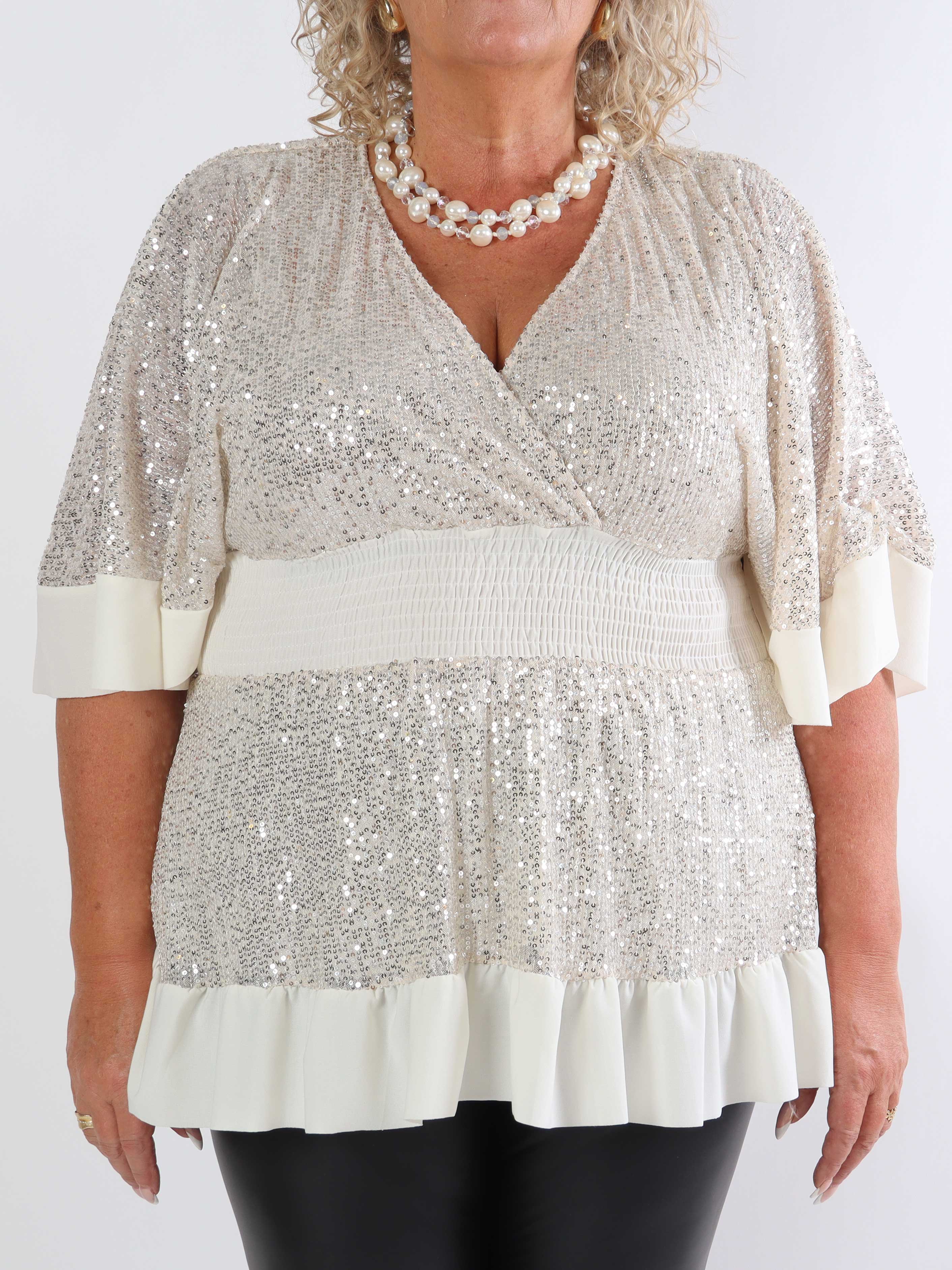 Pamela Glitter Shirt - Plus size paljett-tunika med smock och volanger